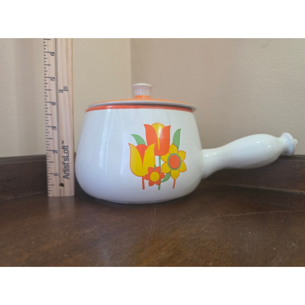 Vintage 1970s Floral Oven Proof Stoneware Pot with Orange Lid & Handle - Retro - Picture 15 of 15